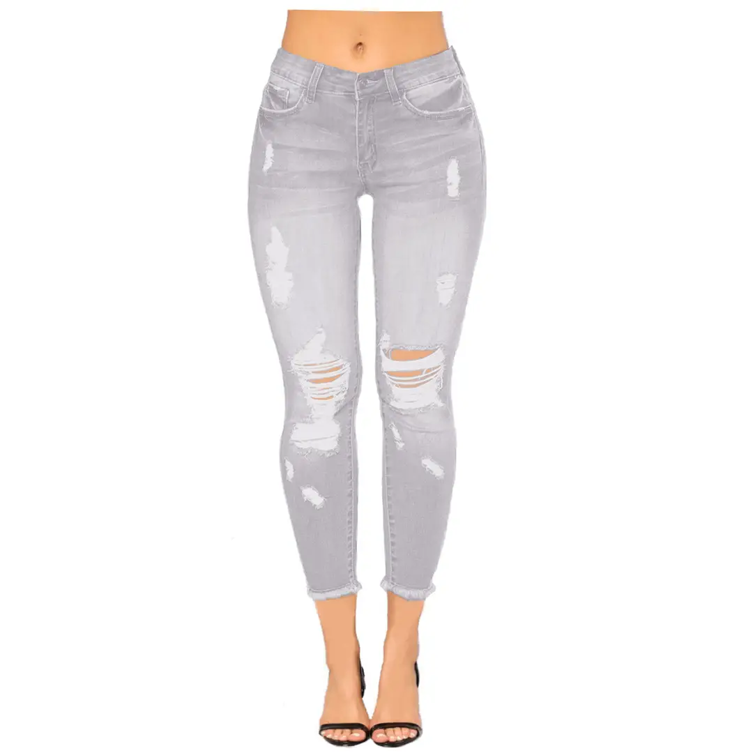Women Ripped Denim Pants Dark Blue Tight Fit