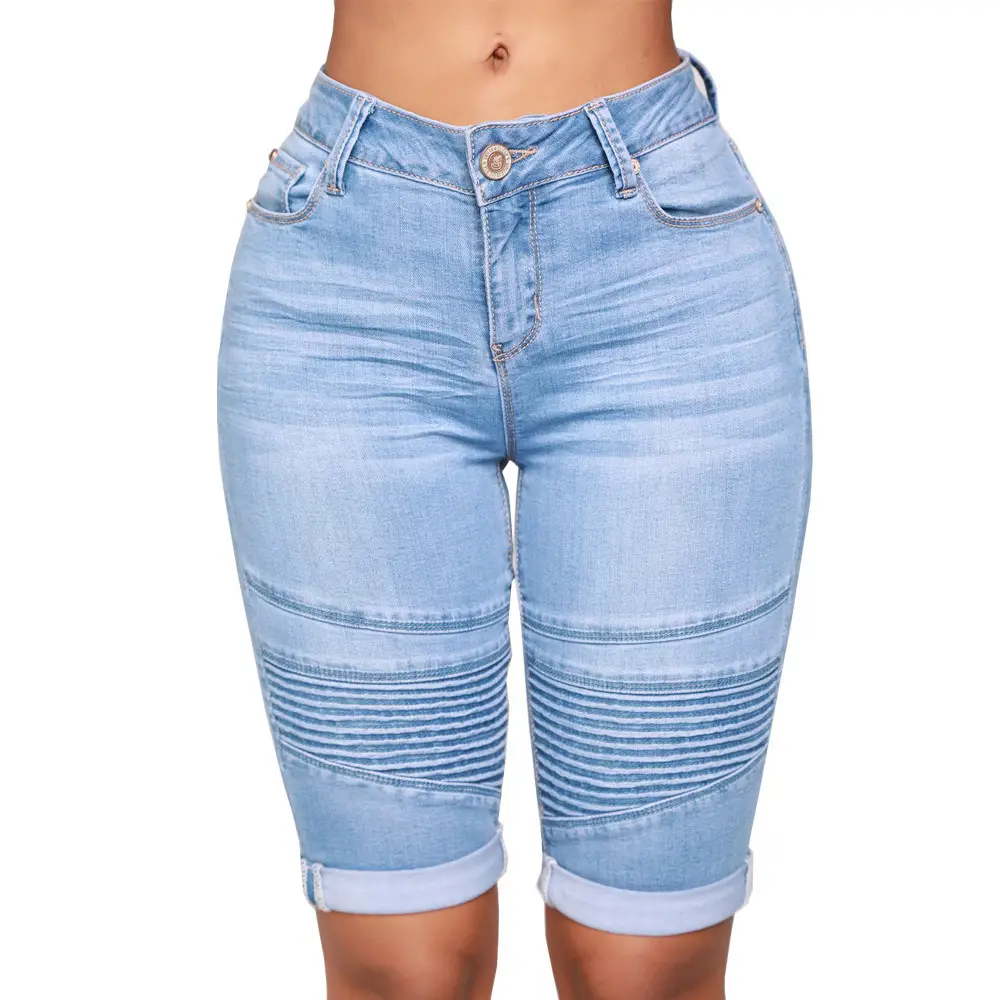Women High Waist Blue Denim Motorcycle Pants