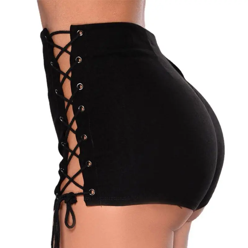 Women High Waist Denim Shorts with Side Lace Up Black