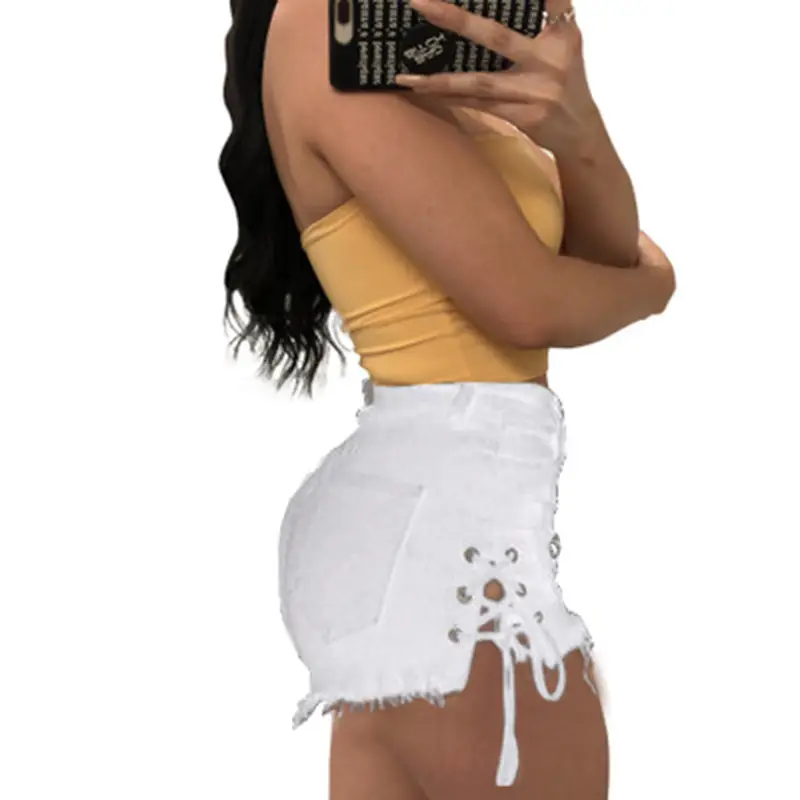 Ripped Tassel Corns Shorts Black Low Waist Split Bandage