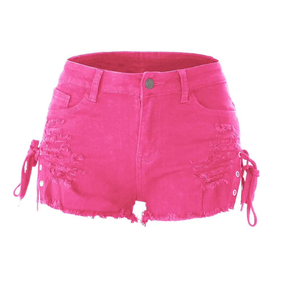Ripped Tassel Corns Shorts Black Low Waist Split Bandage