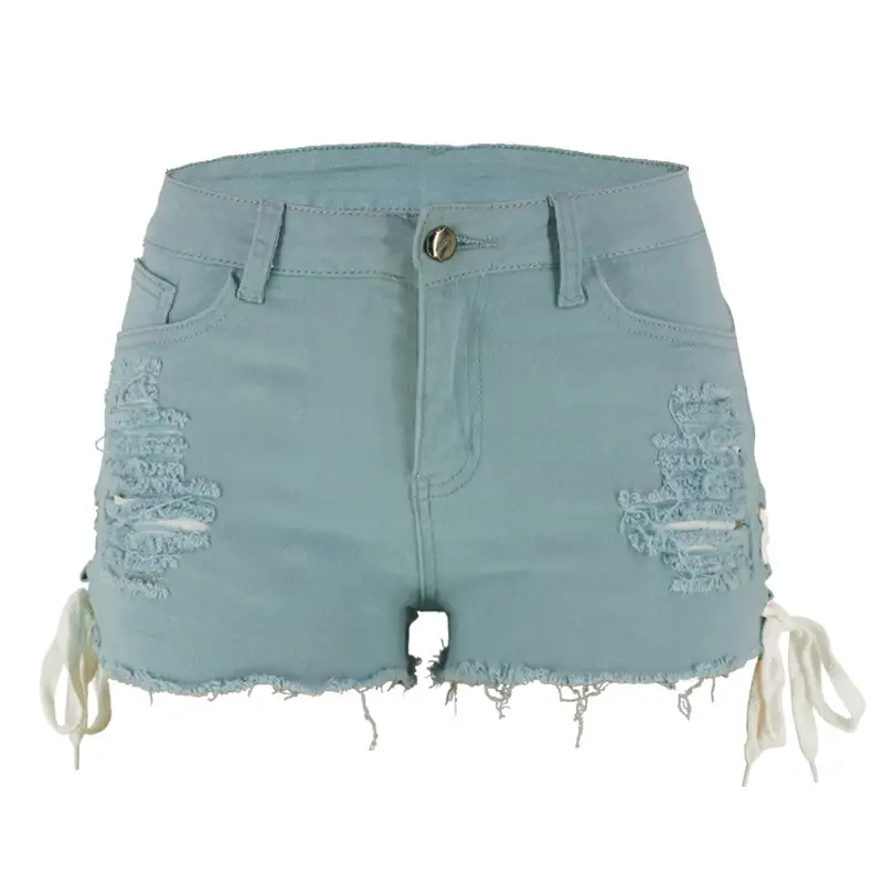 Ripped Tassel Corns Shorts Black Low Waist Split Bandage