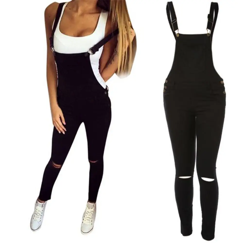 Women Denim Ripped Jumpsuit Casual Sports White