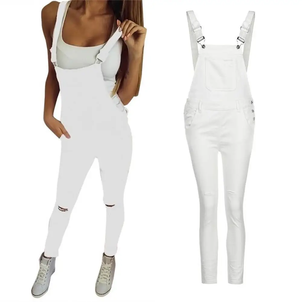 Women Denim Ripped Jumpsuit Casual Sports White