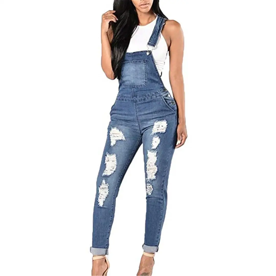 Women Denim Ripped Jumpsuit Casual Sports White