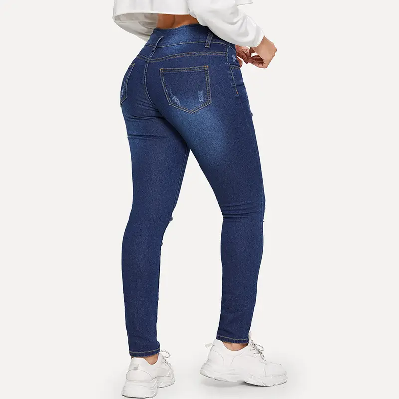Women Ripped Jeans Dark Blue Spring Casual Pants