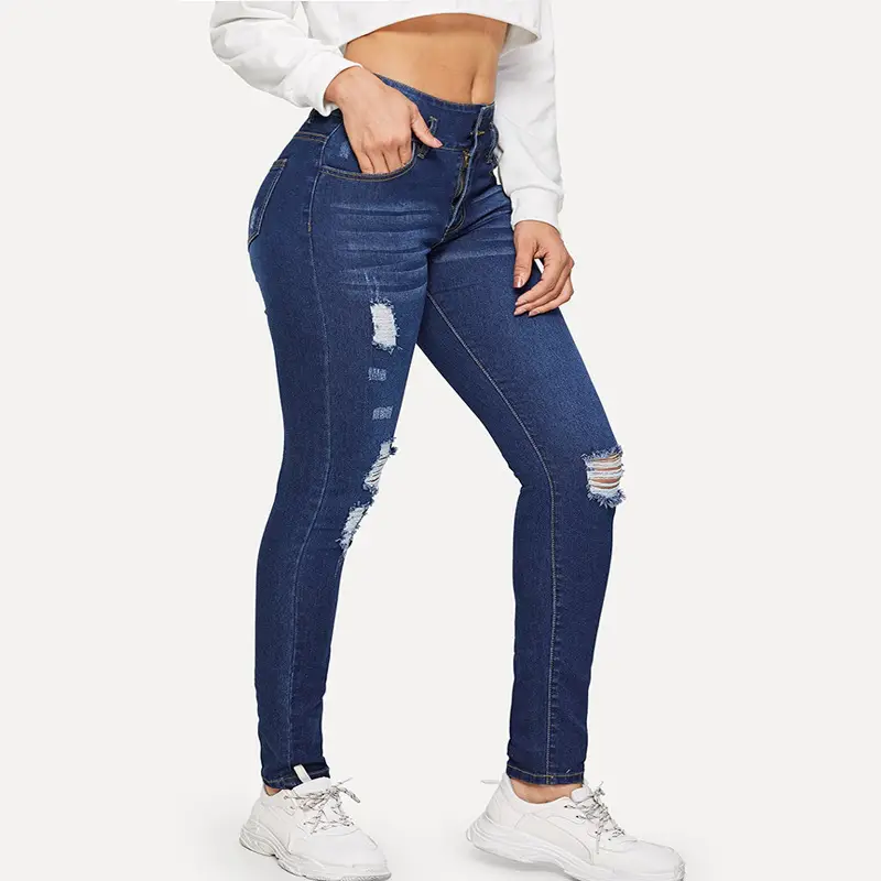 Women Ripped Jeans Dark Blue Spring Casual Pants
