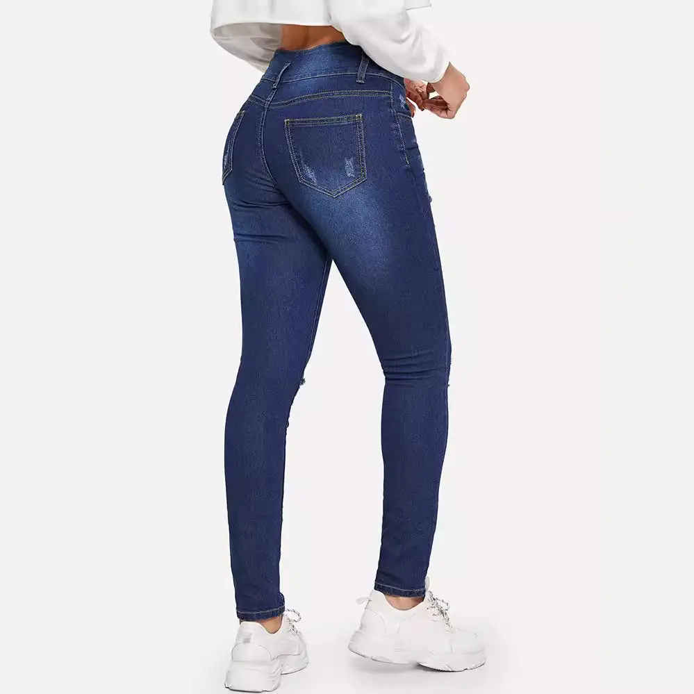 Women Ripped Jeans Dark Blue Spring Casual Pants