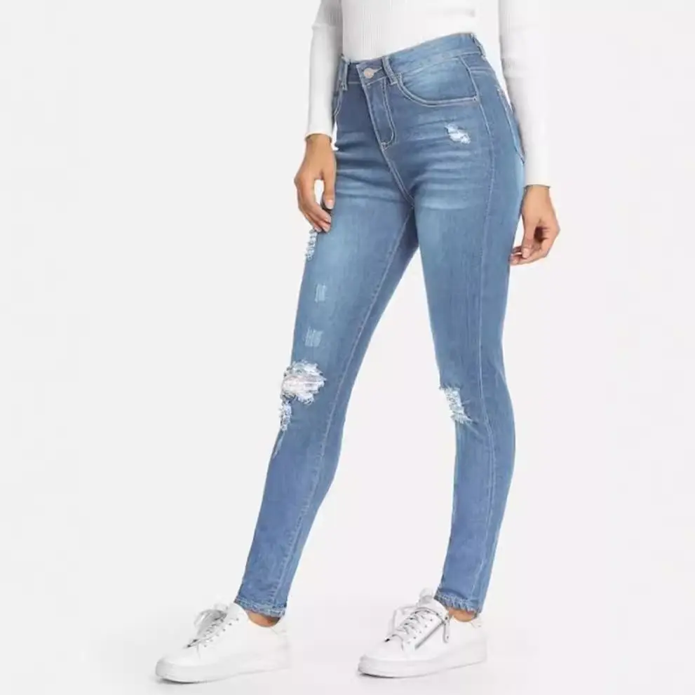 Women Ripped Jeans Dark Blue Spring Casual Pants