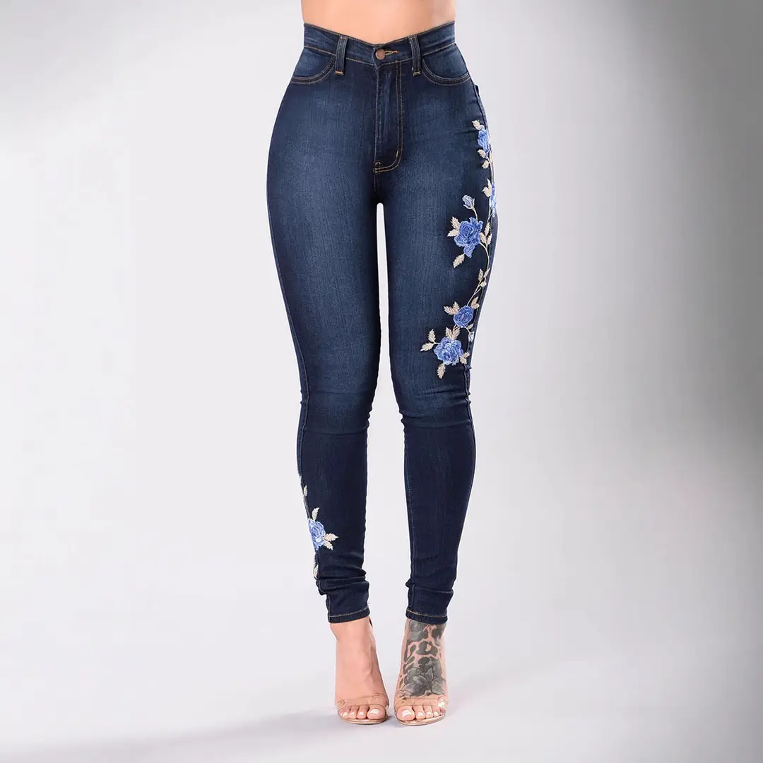 Women Low Waist Embroidered Jeans Red