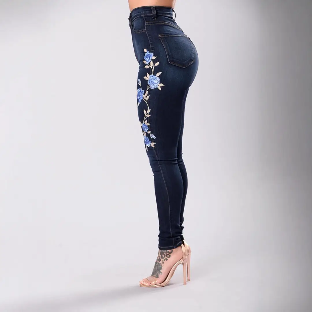 Women Low Waist Embroidered Jeans Red