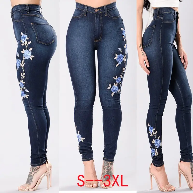 Women Low Waist Embroidered Jeans Red