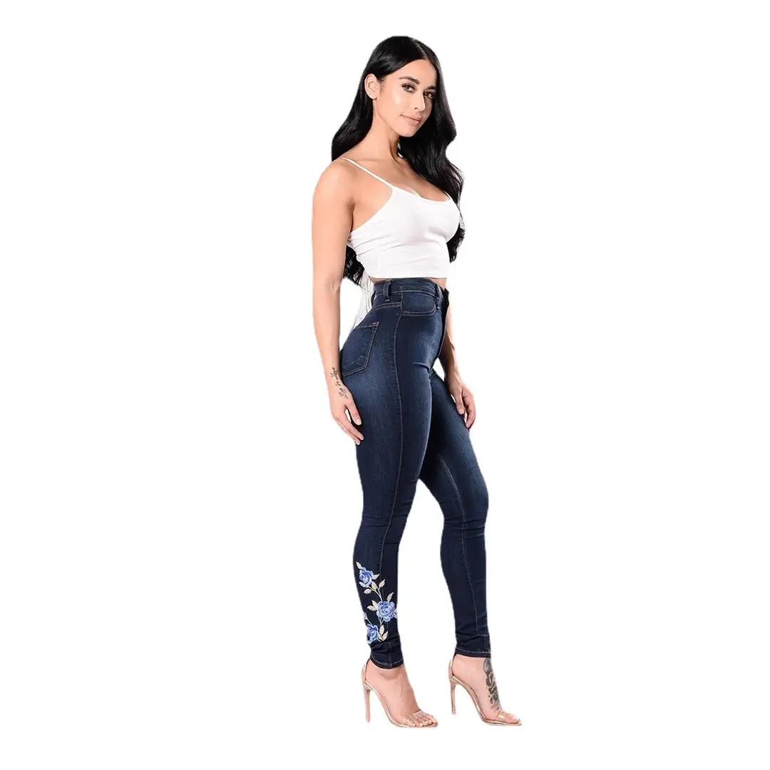 Women Low Waist Embroidered Jeans Red