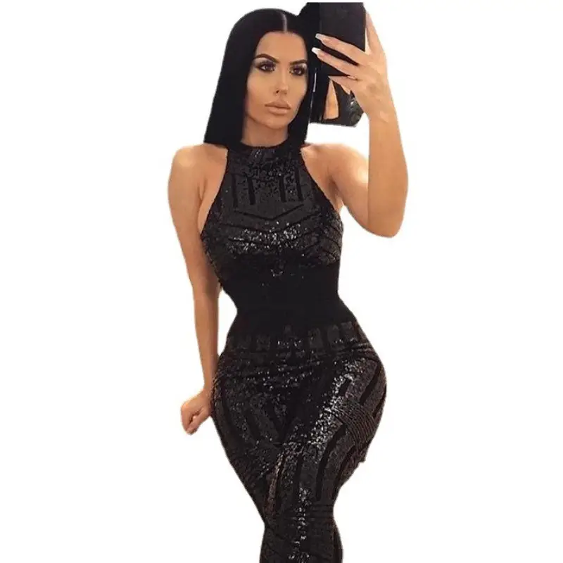 Women Sequined Sleeveless Jumpsuit Black Hip-Covering
