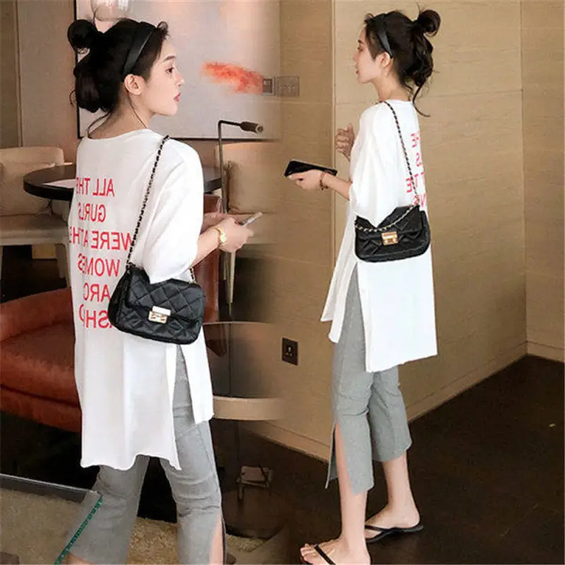 White Printed T-Shirt & Gray Pants 2-Piece Set