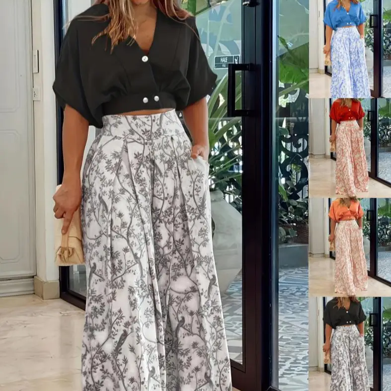 Wide Leg Printed Pants V Neck Top Set for Women