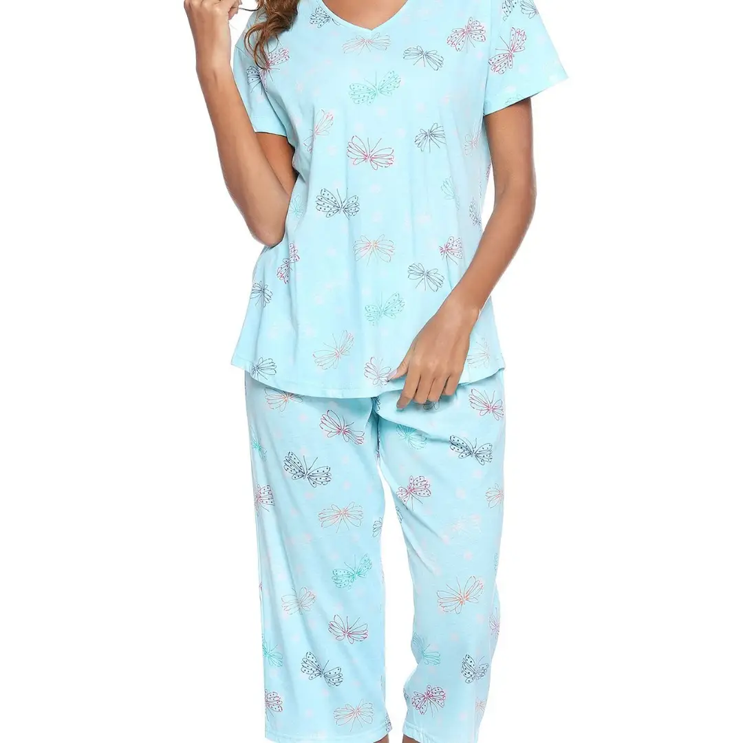 Plus Size Knitted Cotton Pajama Set S-Blue Butterfly