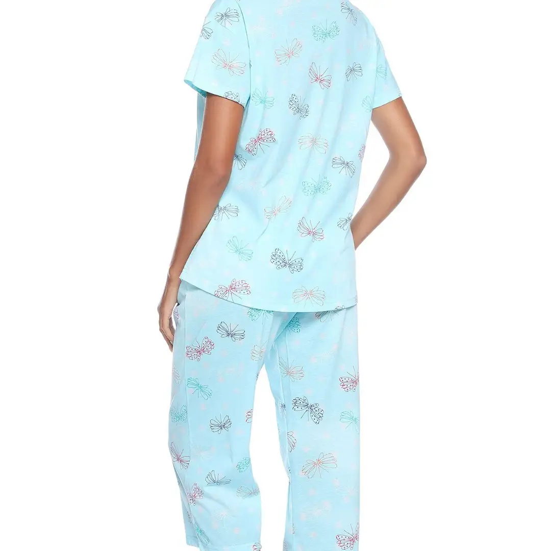 Plus Size Knitted Cotton Pajama Set S-Blue Butterfly