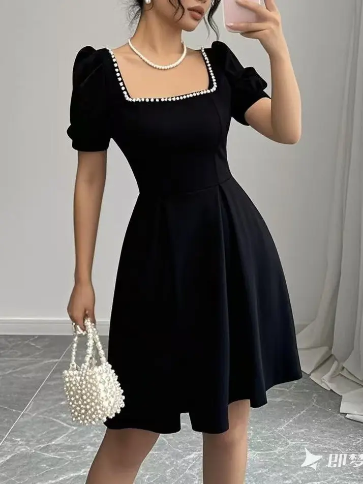 Black Pearl Beaded Puff Sleeve Dress for Women
