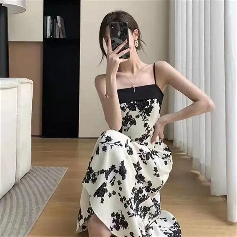 Black & Cream Floral Slip Dress for Women Summer Wear