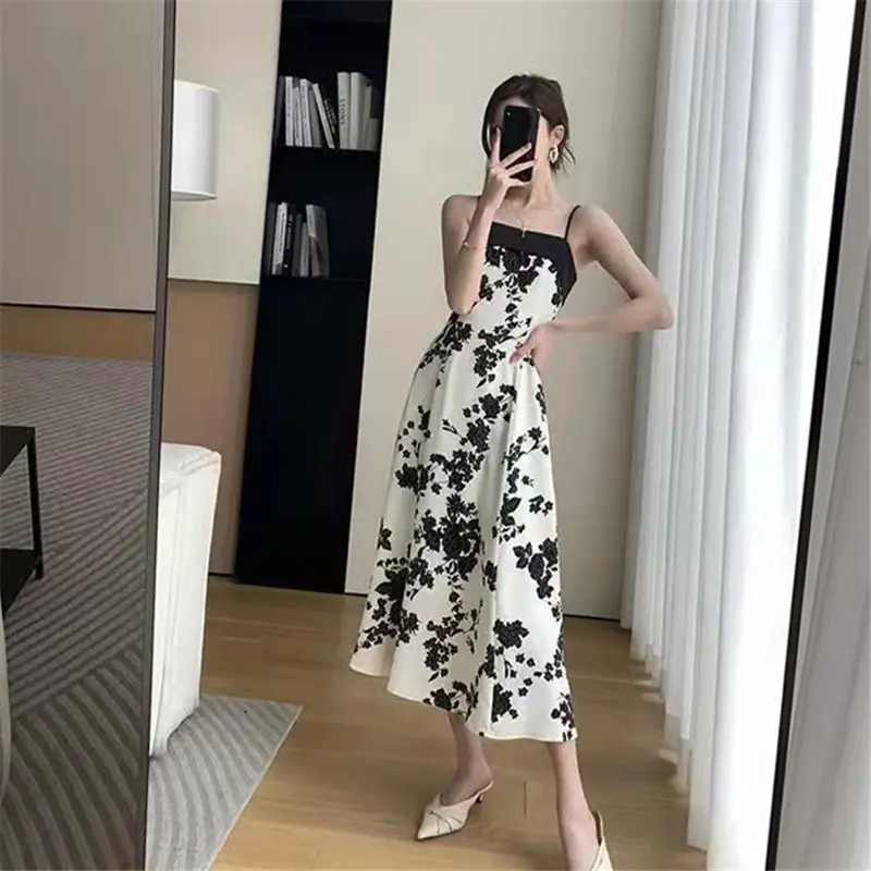 Black & Cream Floral Slip Dress for Women Summer Wear