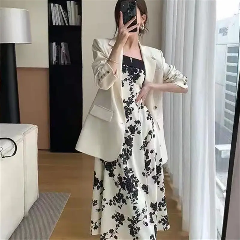 Black & Cream Floral Slip Dress for Women Summer Wear
