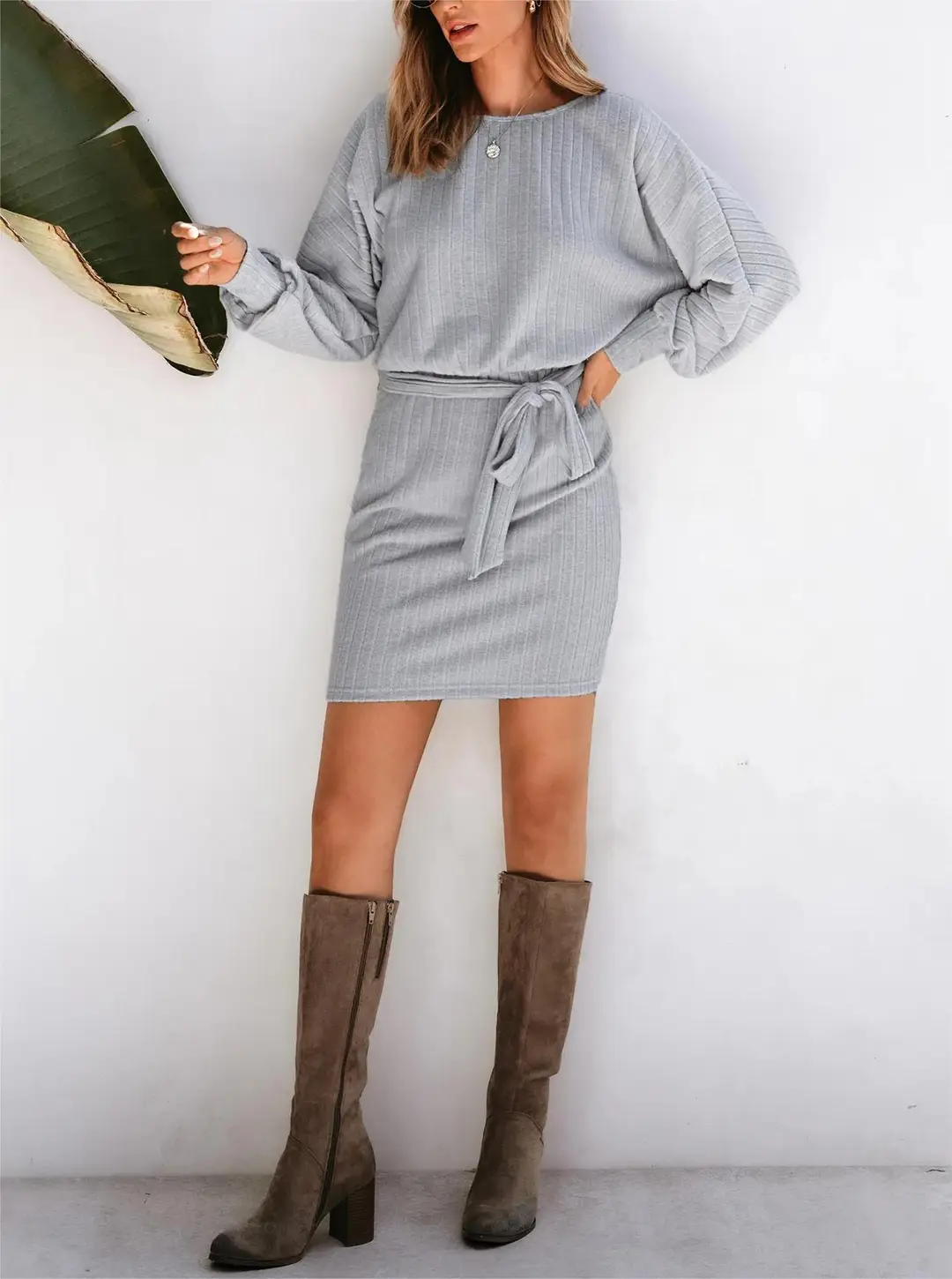 Long Sleeve Belted Wool Dress for Women Pakistan
