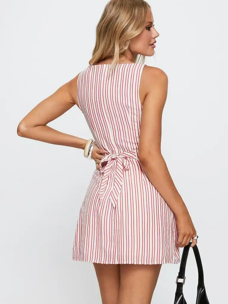 Striped Sleeveless Dress Pink White Slimming Fit