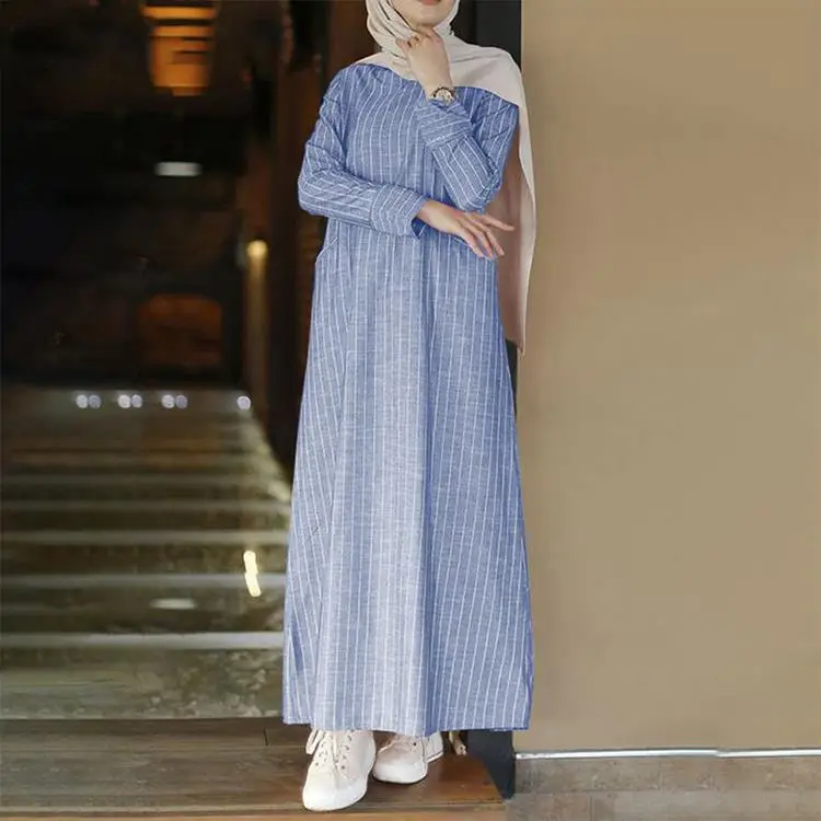 Women's Long Sleeve Striped Dress Grey White Blue Cotton Linen