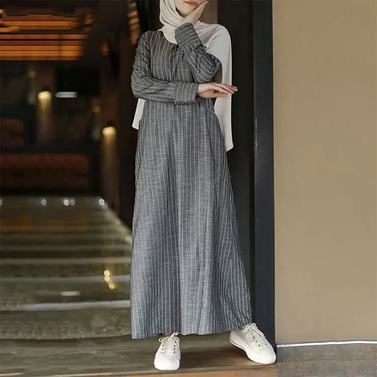 Women's Long Sleeve Striped Dress Grey White Blue Cotton Linen