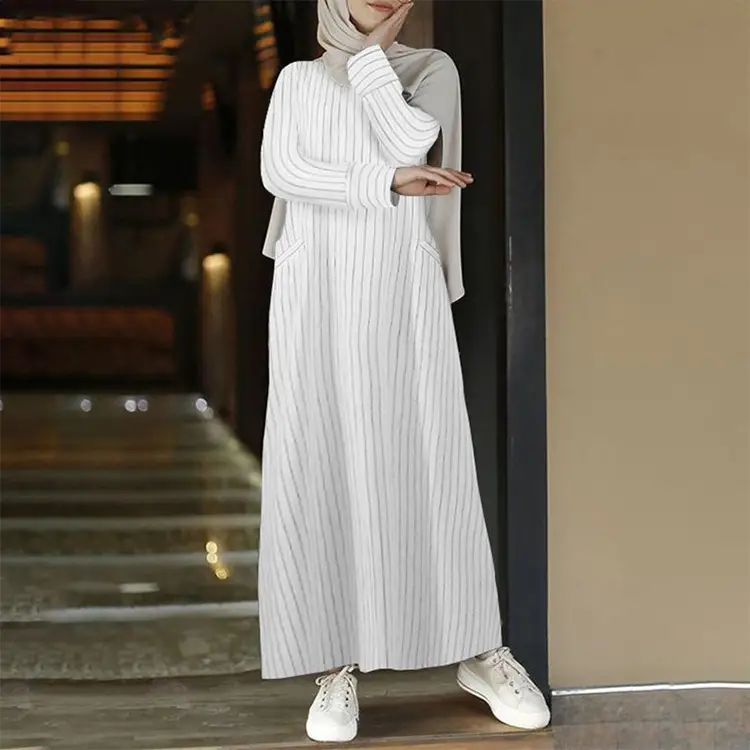 Women's Long Sleeve Striped Dress Grey White Blue Cotton Linen