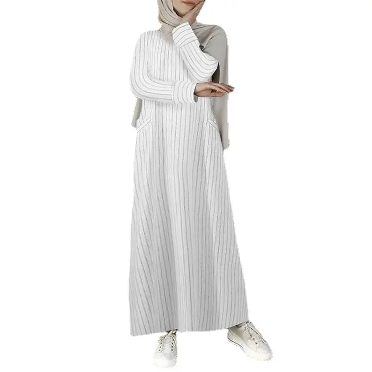 Women's Long Sleeve Striped Dress Grey White Blue Cotton Linen