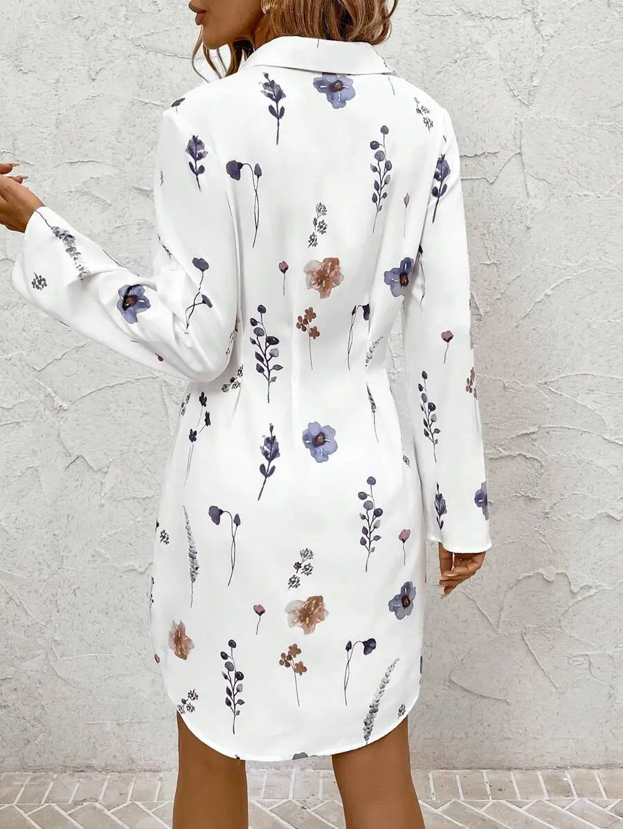 Women Floral Print Dress White Long Sleeve Button Down