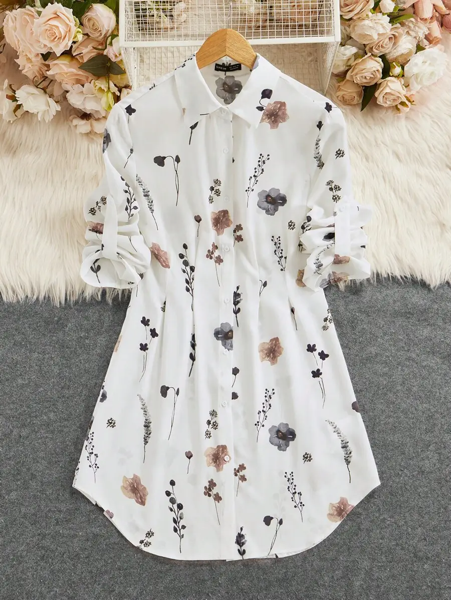 Women Floral Print Dress White Long Sleeve Button Down
