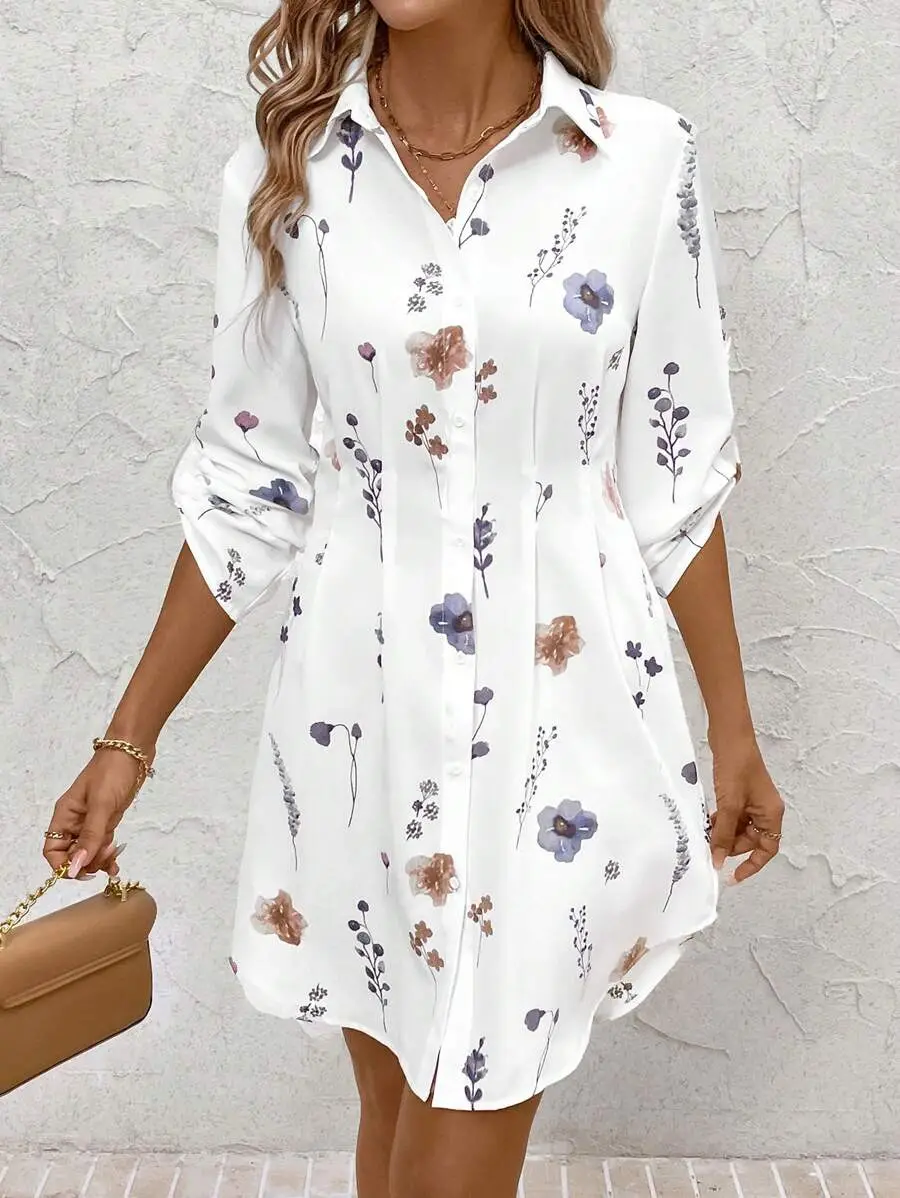 Women Floral Print Dress White Long Sleeve Button Down