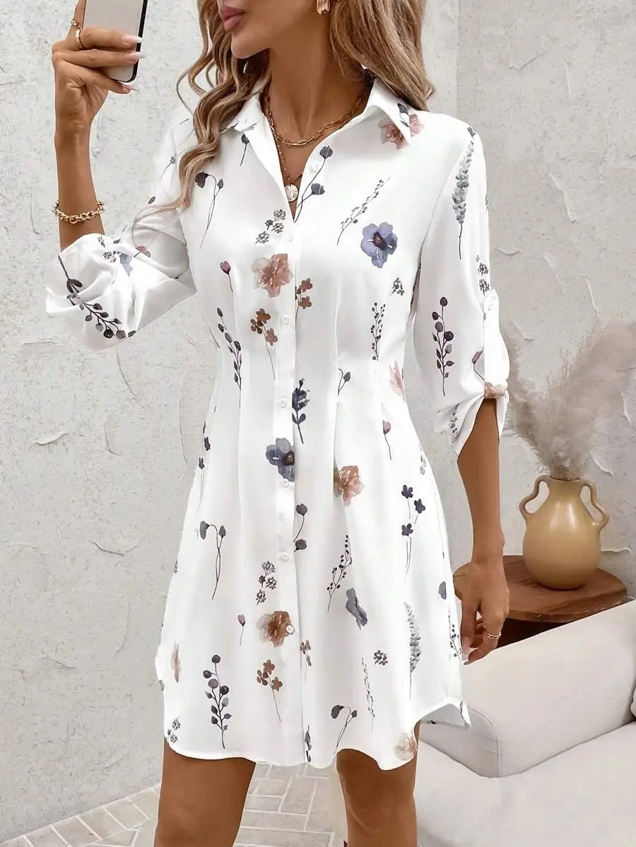 Women Floral Print Dress White Long Sleeve Button Down