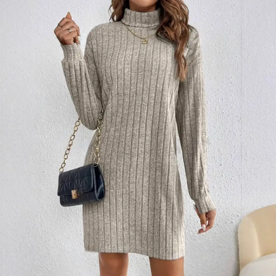 High Neck Long Sleeve Gray Striped Dress for Women