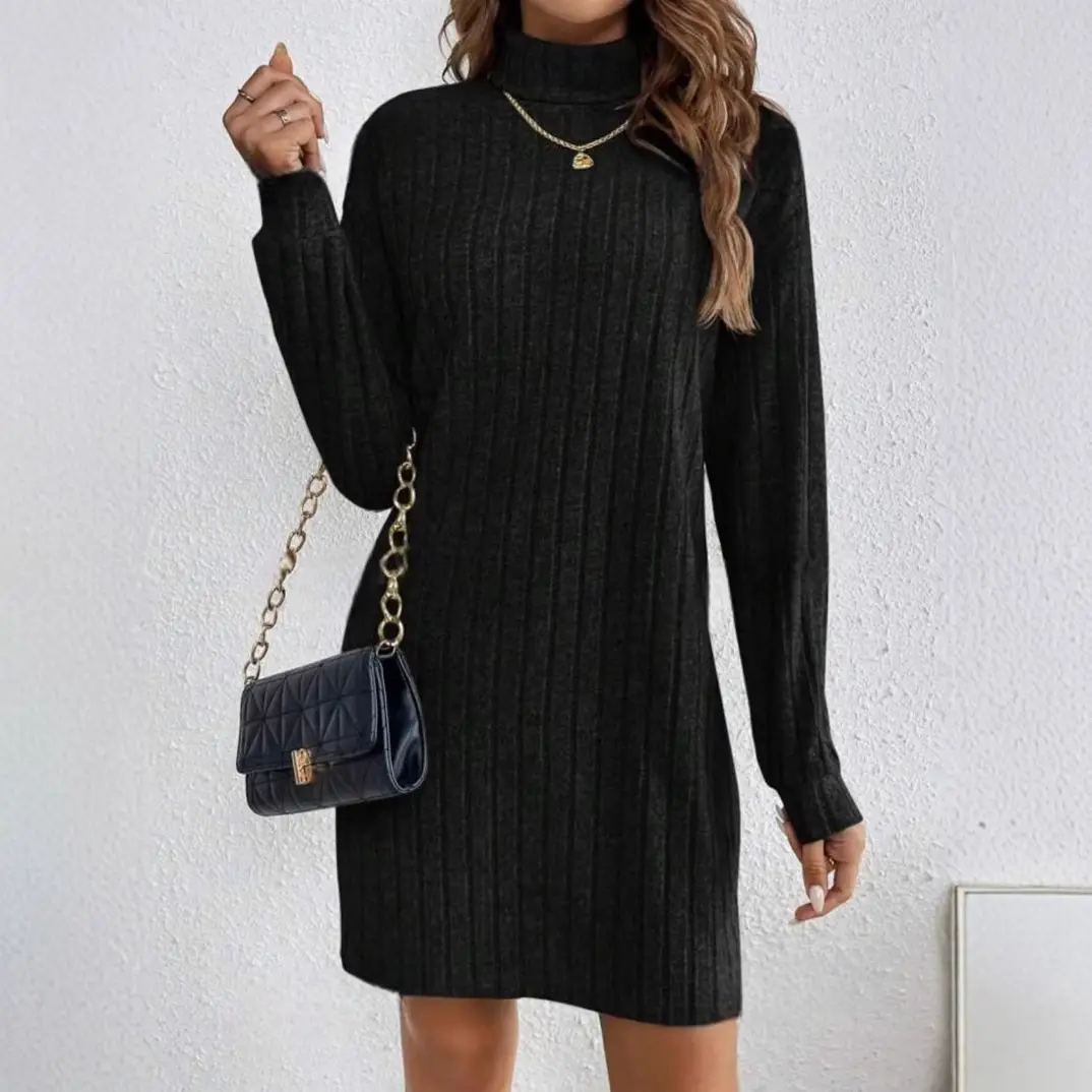 High Neck Long Sleeve Gray Striped Dress for Women