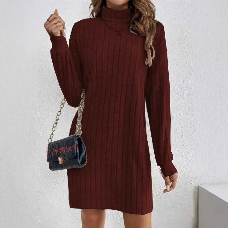 High Neck Long Sleeve Gray Striped Dress for Women