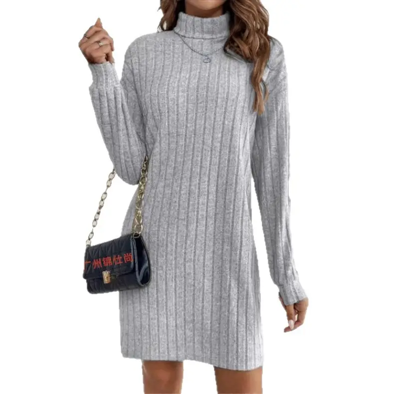 High Neck Long Sleeve Gray Striped Dress for Women