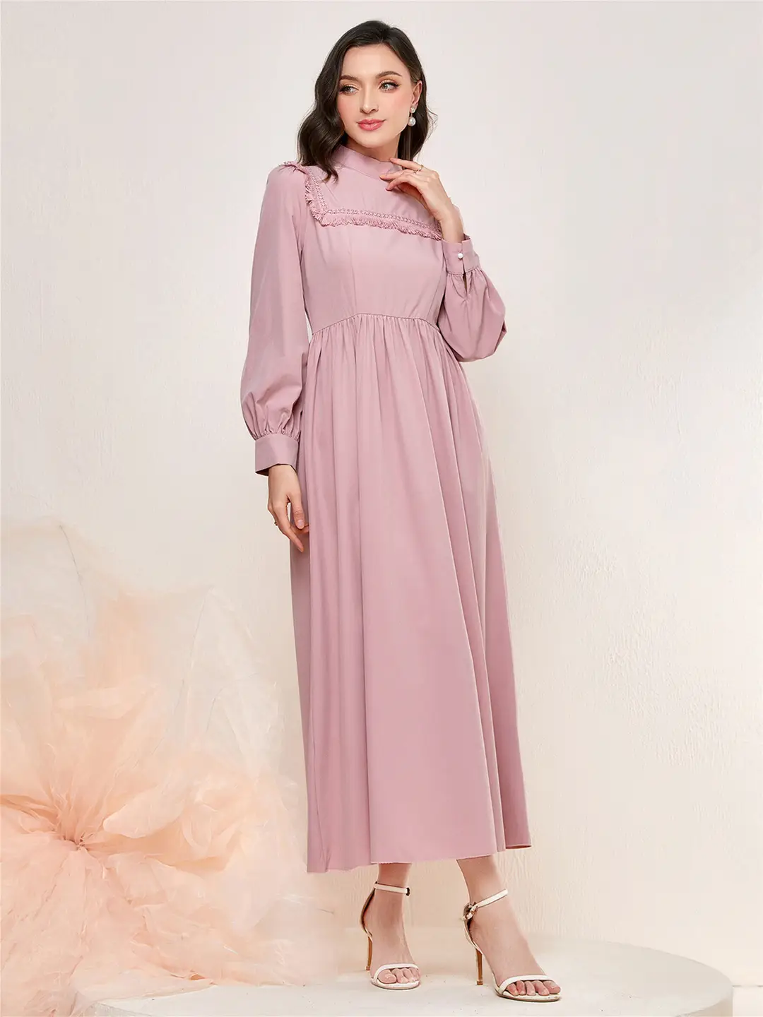 Pink Long Sleeve Mid Waist Dress for Women