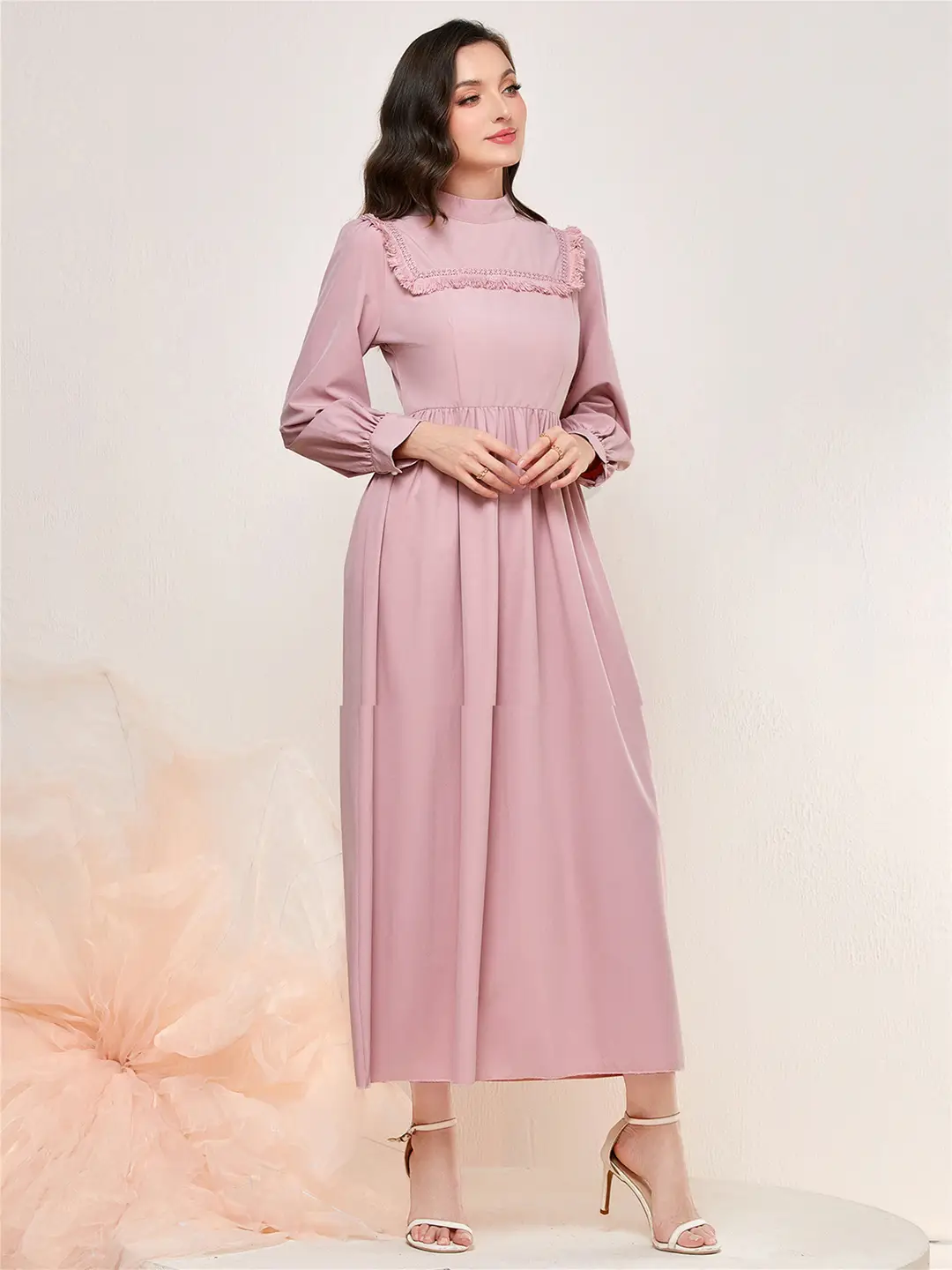 Pink Long Sleeve Mid Waist Dress for Women