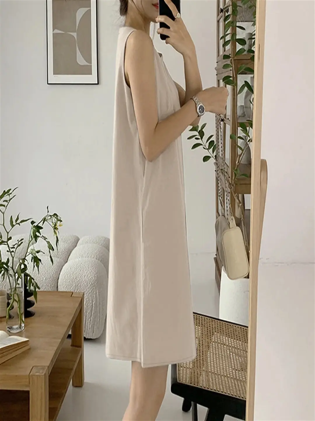 Sleeveless Cotton Linen Dress with Front Slit