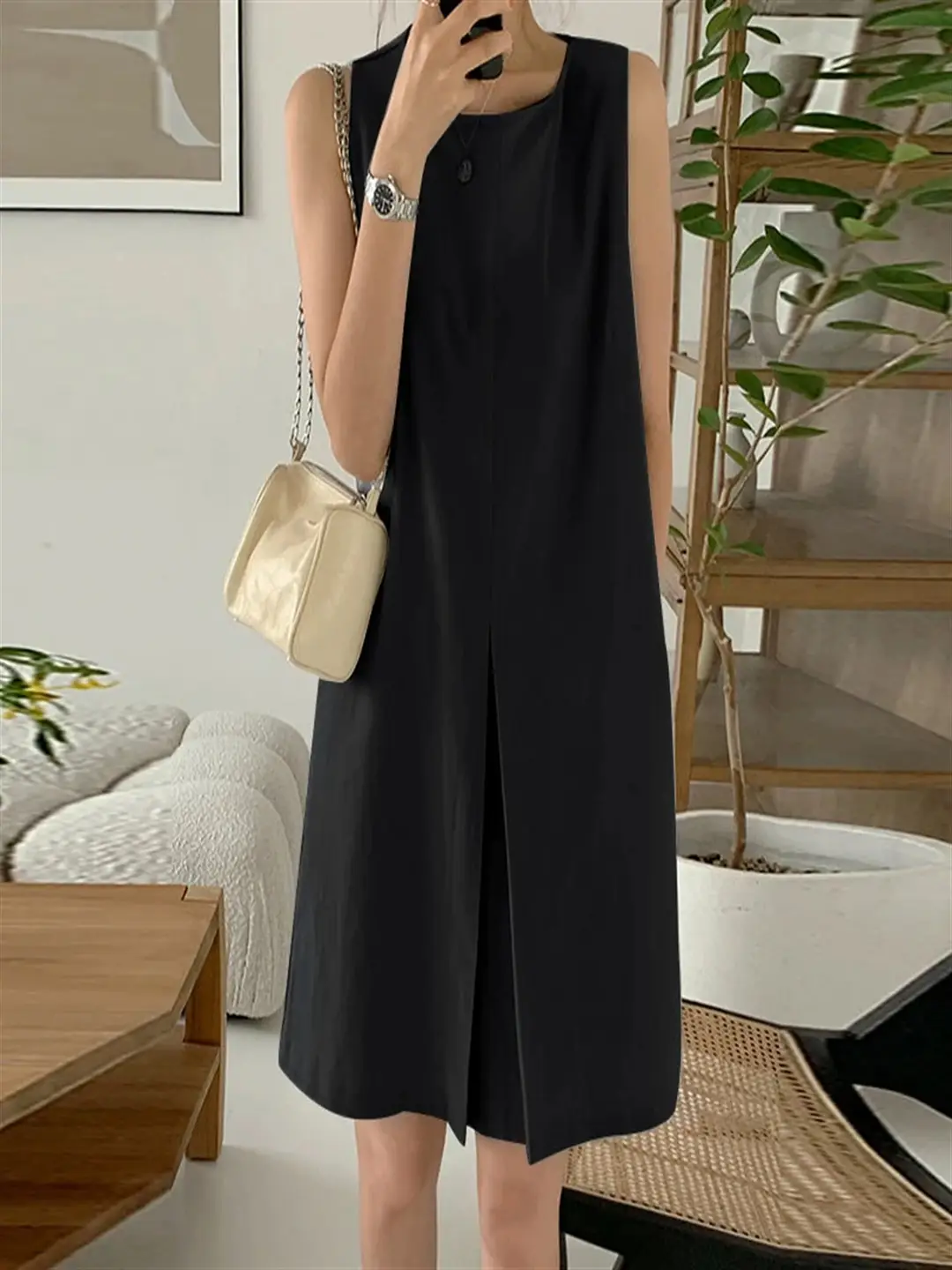 Sleeveless Cotton Linen Dress with Front Slit