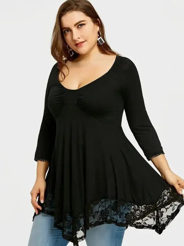 Black Lace Plus Size Dress with V-Neck & Asymmetrical Hem