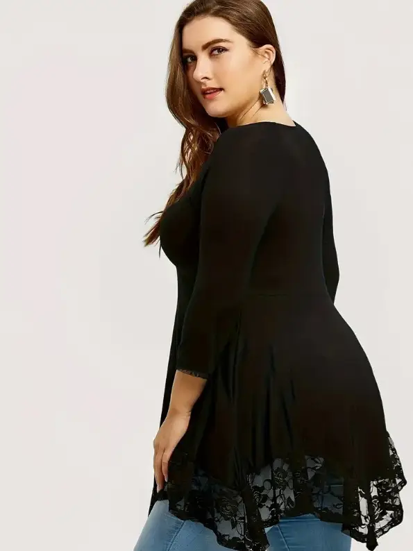 Black Lace Plus Size Dress with V-Neck & Asymmetrical Hem