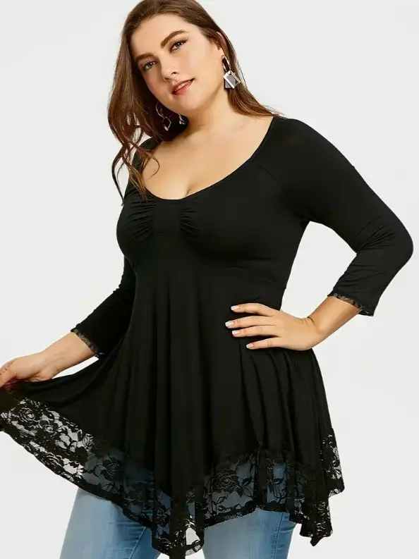 Black Lace Plus Size Dress with V-Neck & Asymmetrical Hem
