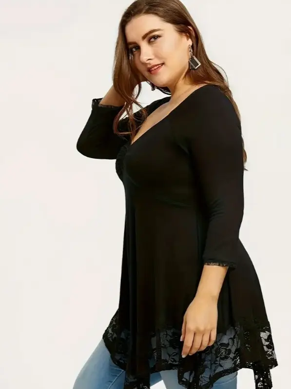 Black Lace Plus Size Dress with V-Neck & Asymmetrical Hem