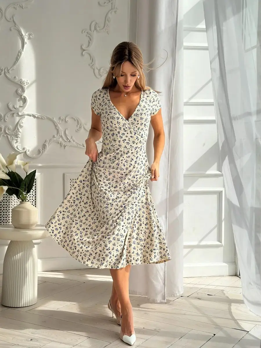 Turquoise Floral V-Neck Dress for Women