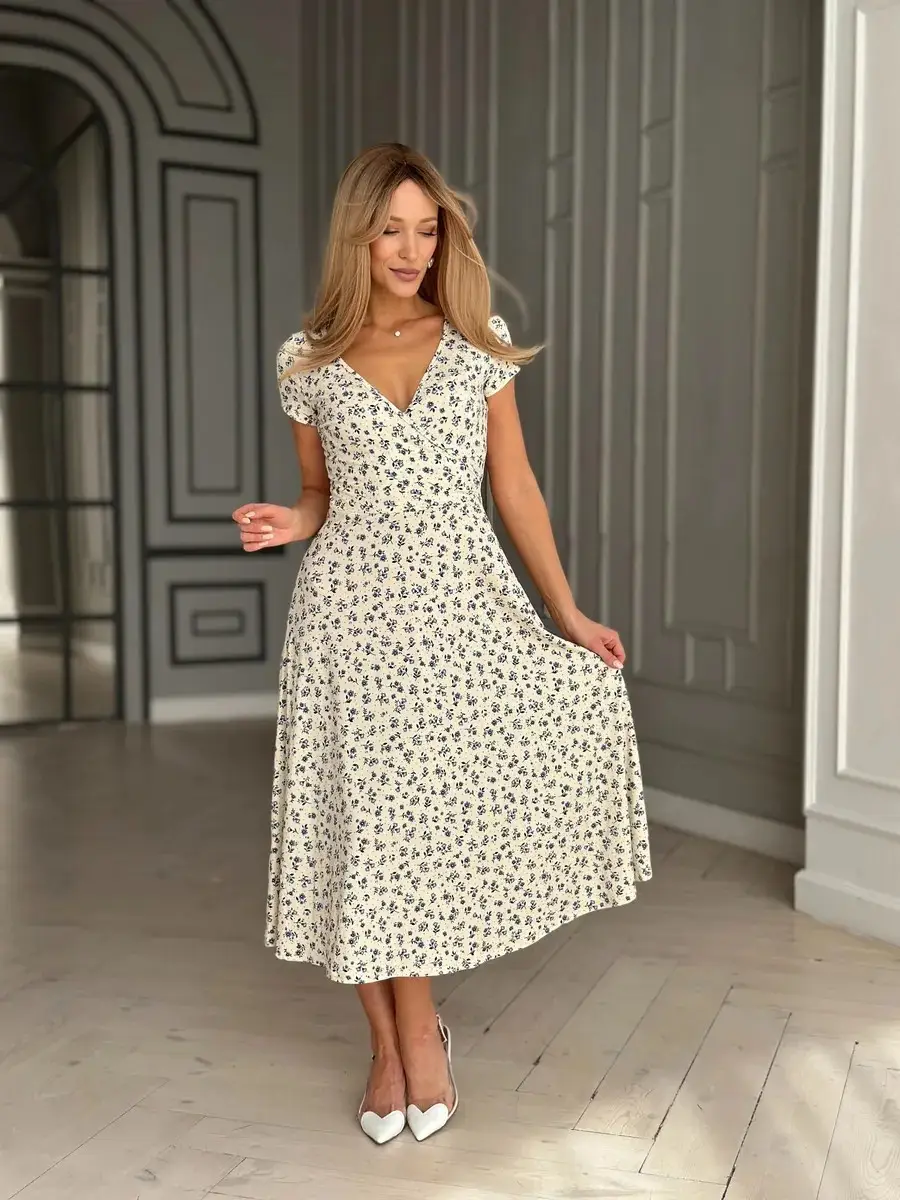 Turquoise Floral V-Neck Dress for Women